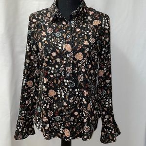 Black blouse, button down, with flower print, ruffled sleeves Size: S